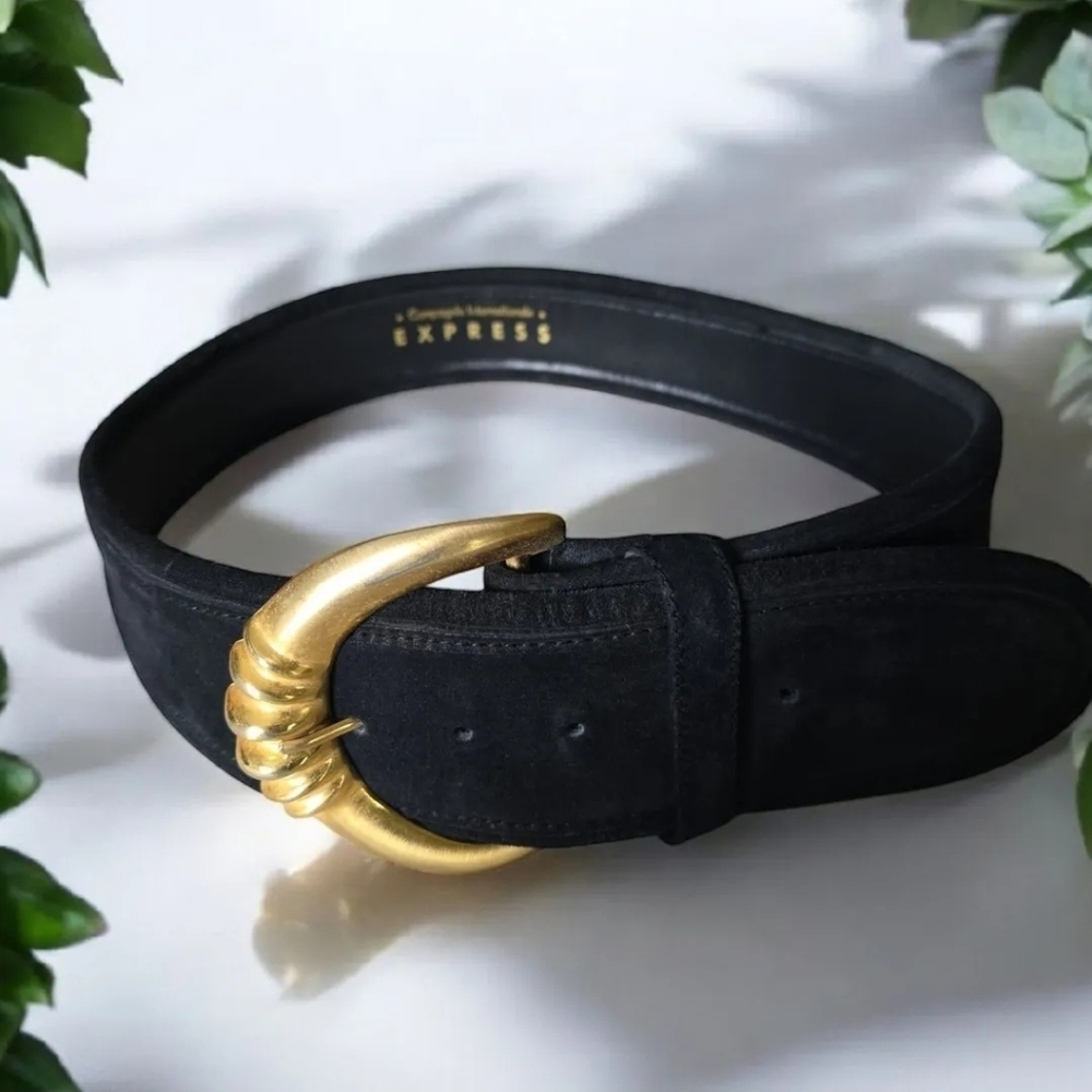 Express Black Suede Belt with Distinct Gold Curved Buckle